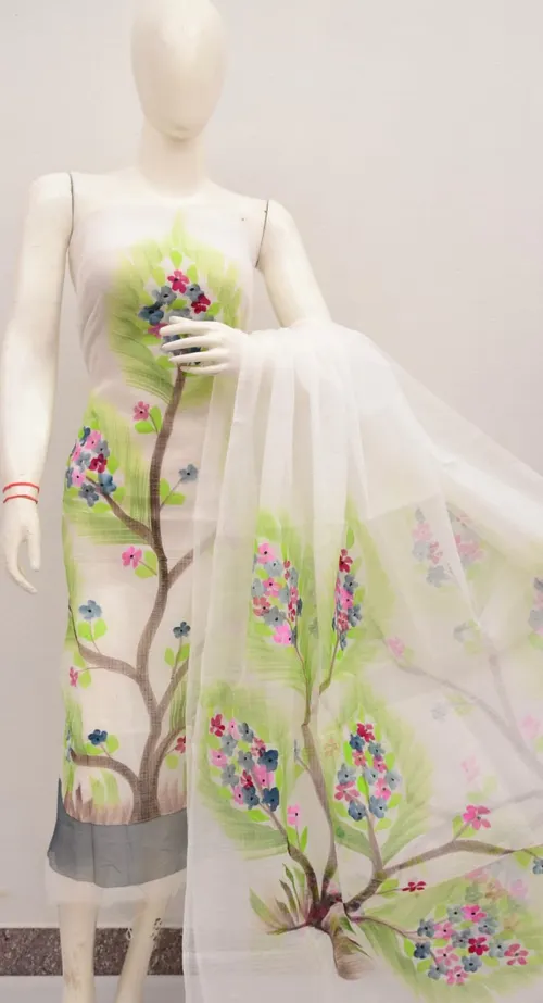 Graceful Kota Doria Dress Material with Hand Brush Print Work – Lightweight Elegance in Every Thread